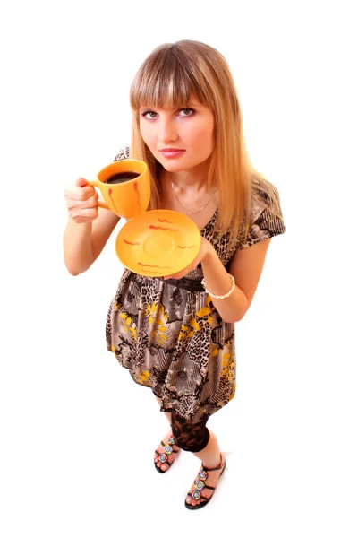 Bir fincan kahveli genç bayan. — Stok fotoğraf