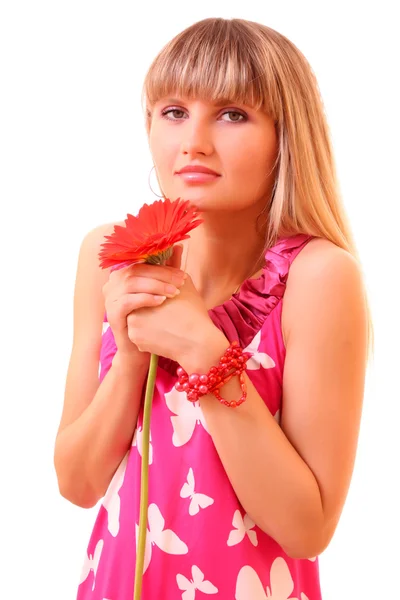 Beautiful young girl in pink dress with red flower — Stock Photo, Image