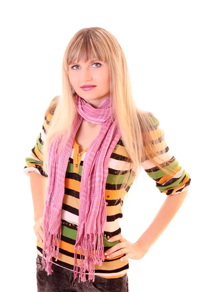 Mooi meisje in roze sjaal op witte achtergrond — Stockfoto