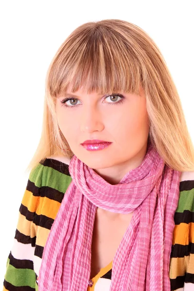 흰색 배경 위에 핑크 스카프에 아름 다운 젊은 여자 — 스톡 사진