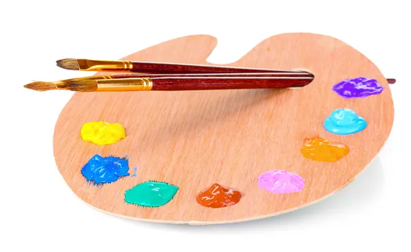 Tavolozza d'arte in legno con macchie di vernice e pennello sul dorso bianco — Foto Stock
