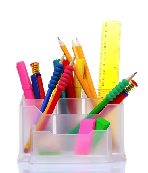 Pencils and pens in holder and the line — Stock Photo, Image