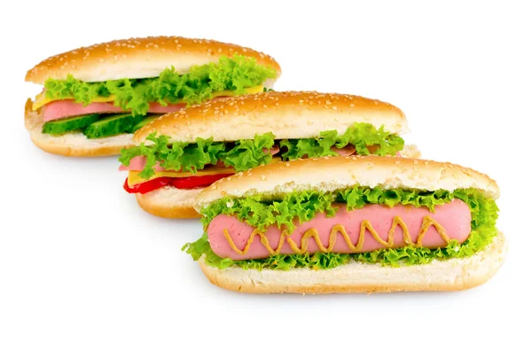 Délicieux hot dog et sandwichs isolés sur blanc — Photo