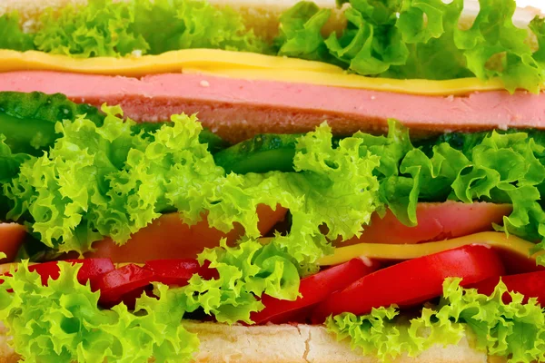Sandwich mit Wurst, Käse und Tomaten Nahaufnahme — Stockfoto