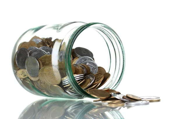 Glas bank voor tips met geld geïsoleerd op wit — Stockfoto