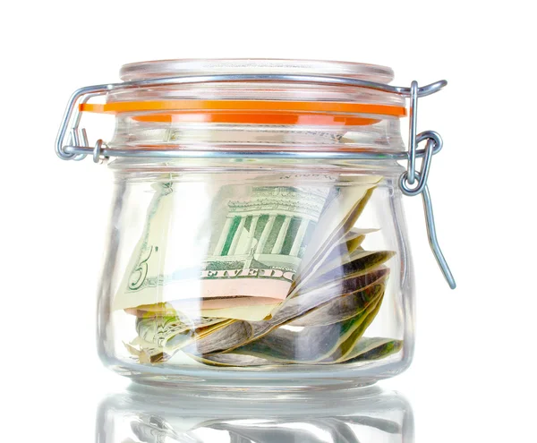 Glas bank för tips med pengar isolerad på vit — Stockfoto