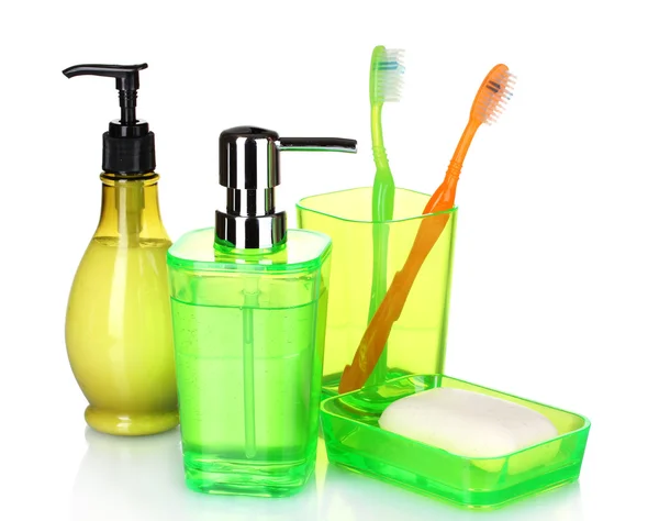 Зеленые аксессуары для ванной комнаты и мыло — стоковое фото