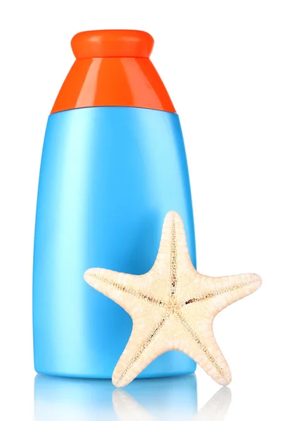 Sunblock in bottle and starfish — Stock Photo, Image