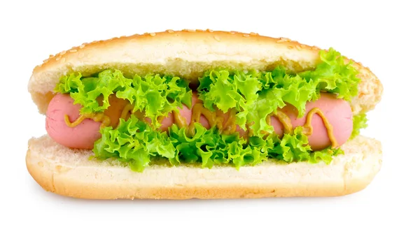 Delizioso hot dog con senape e lattuga isolato su bianco — Foto Stock