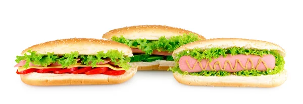 Delicioso hot dog y sándwiches aislados en blanco — Foto de Stock