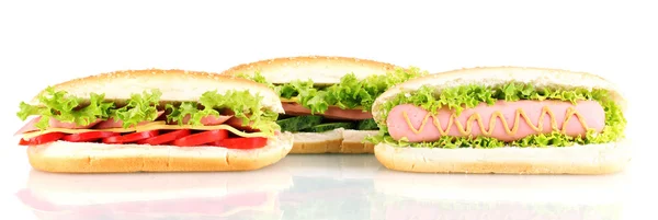 Вкусные хот-доги и сэндвичи, изолированные на белом — стоковое фото