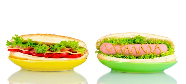 Pyszne hot-doga i kanapka na białym tle płyta — Zdjęcie stockowe