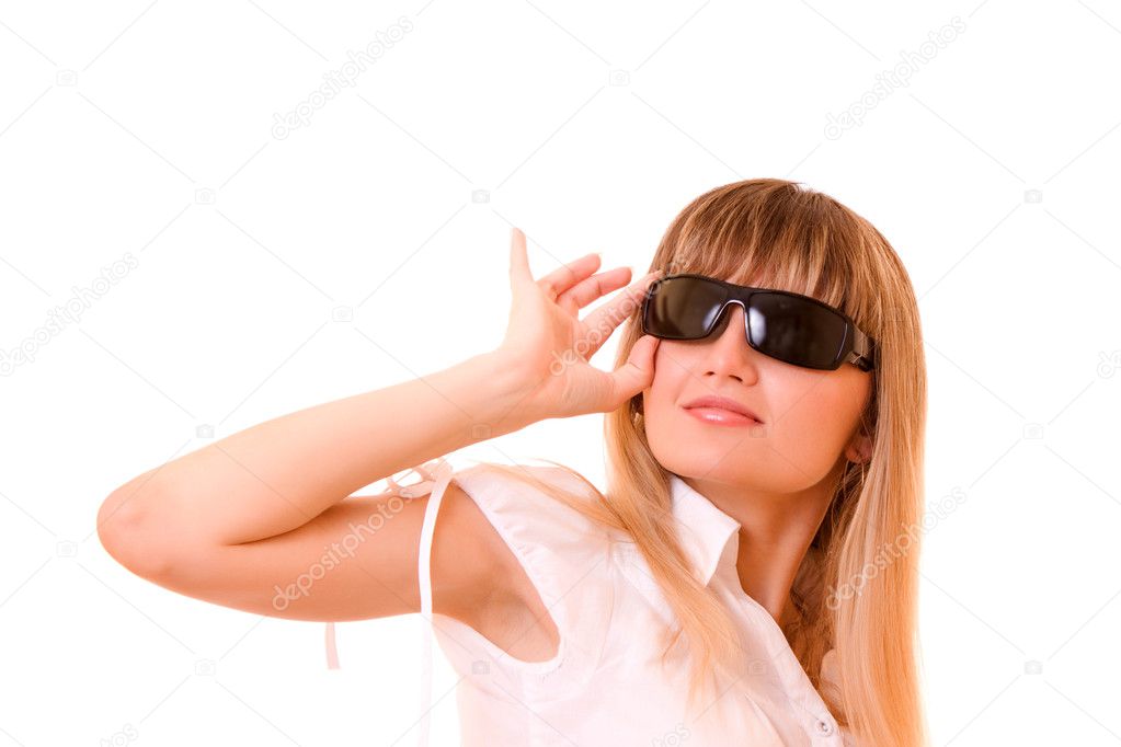 Beautiful happy young woman with sunglasses over white