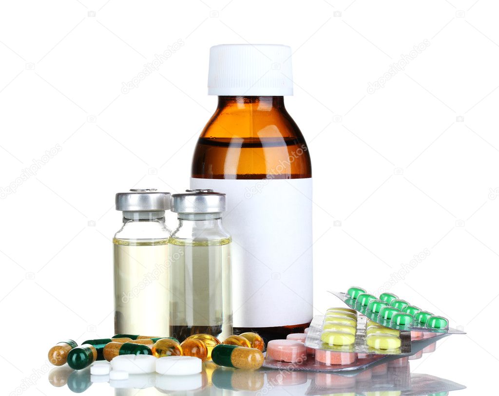 Medical bottles, ampoule and pills