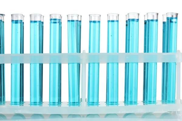 Zkumavky s modrou tekutinou izolovaných na bílém — Stock fotografie