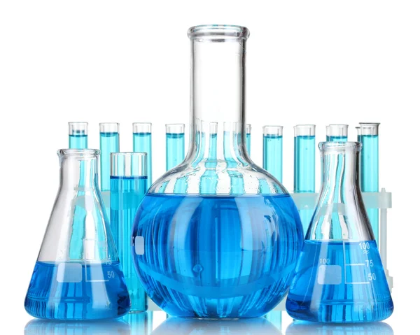 Test-buizen met blauwe vloeistof geïsoleerd op wit — Stockfoto