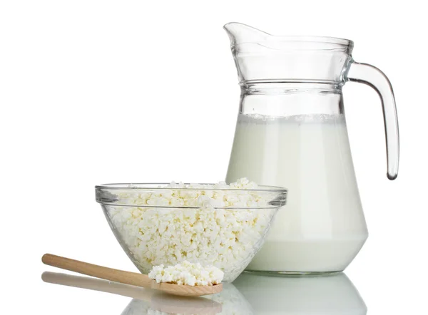Milk in jug and cottage cheese — Stock Photo, Image