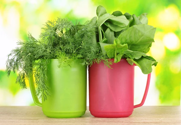 Fresh dill and sorrel in cups on wooden table — Stock Photo, Image