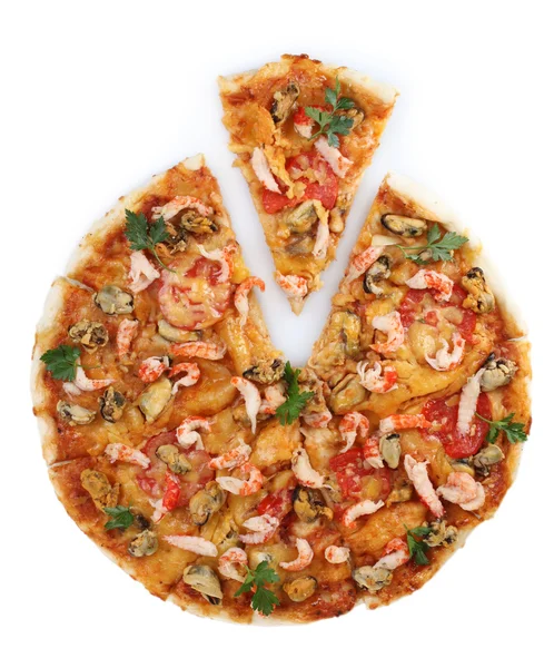 Délicieuse pizza aux fruits de mer isolés sur blanc — Photo