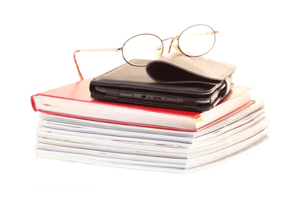 Glasses eBook reader pile of books, isolated — Stock Photo, Image