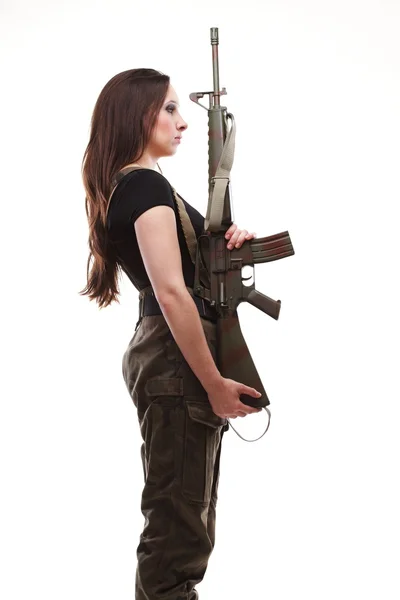 Mujer del Ejército con pistola - Hermosa mujer con rifle de plástico — Foto de Stock
