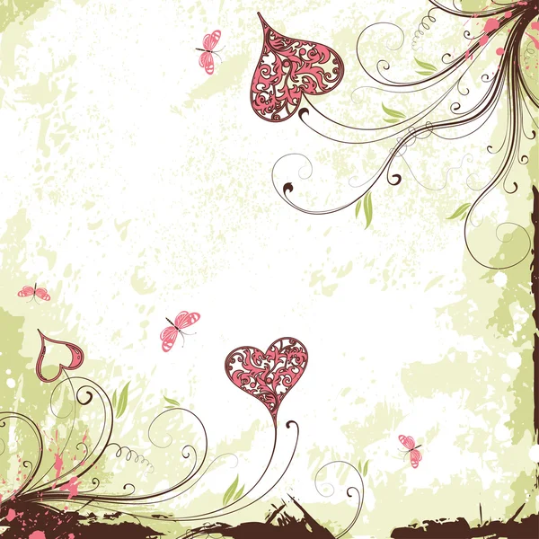 心と花でバレンタインデー グランジ背景 — ストックベクタ