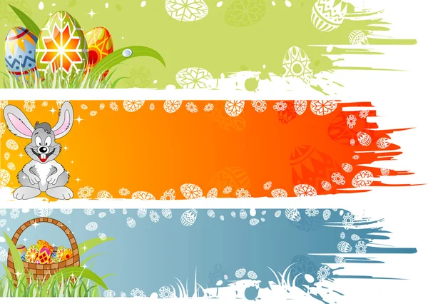 Bannière de Pâques avec œufs, lapin et panier — Image vectorielle