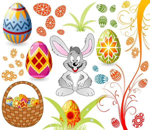 Easter set with eggs, rabbit and basket — Stock Vector