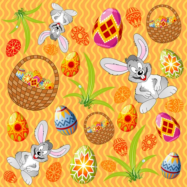 Patrón de Pascua con huevos, conejo y cesta — Archivo Imágenes Vectoriales