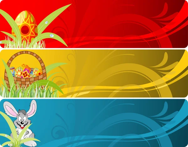 Bandera de Pascua con huevos, conejo y cesta — Vector de stock