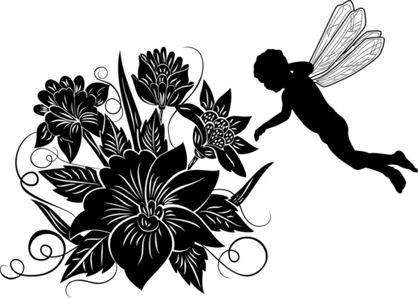 Элемент для дизайна, цветок с силуэтом эльфа, иллюстрация — стоковый вектор