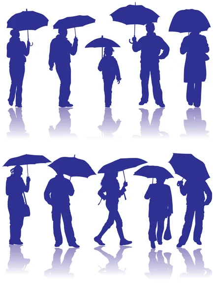 Vector silhouettes erkek, kadın ve çocuk şemsiye ile — Stok Vektör