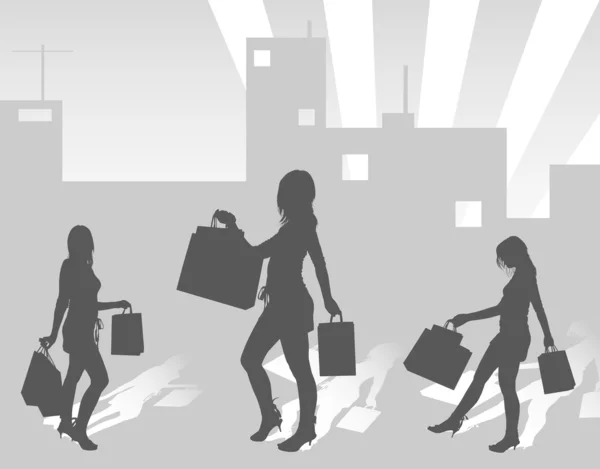 Silhouetten winkelen meisjes op stedelijke achtergrond — Stockvector