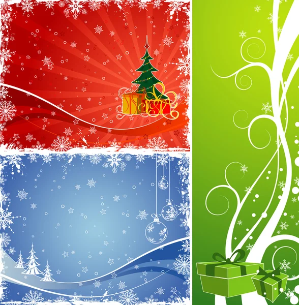 Drie Kerstmis achtergrond met kerstboom & geschenk — Stockvector