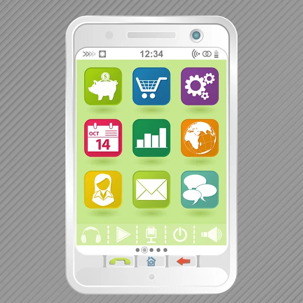 Smartphone bianco con icone — Vettoriale Stock