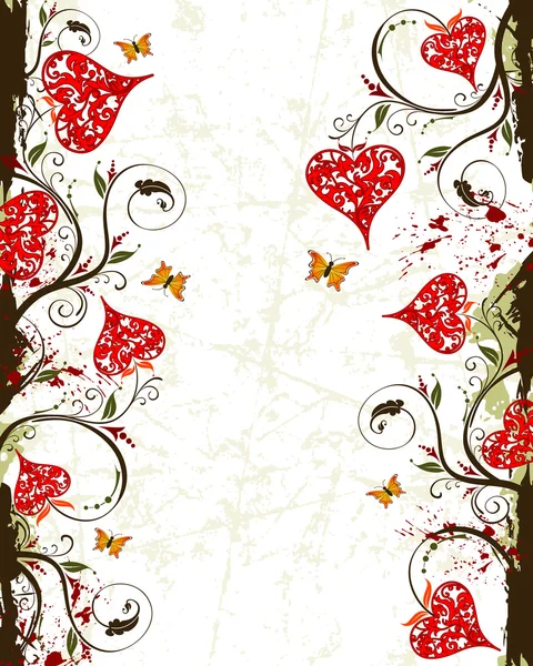 Valentines Day grunge background with hearts and florals — Stock Vector