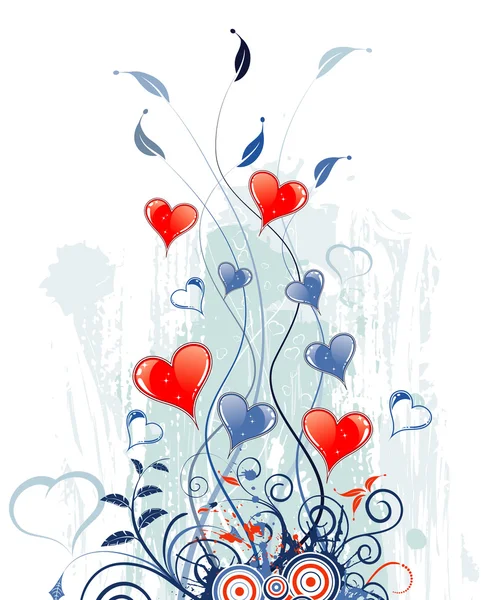 Día de San Valentín grunge fondo con corazones y florales — Vector de stock