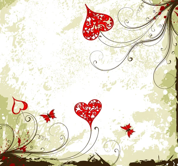 Día de San Valentín grunge fondo con corazones y florales — Vector de stock