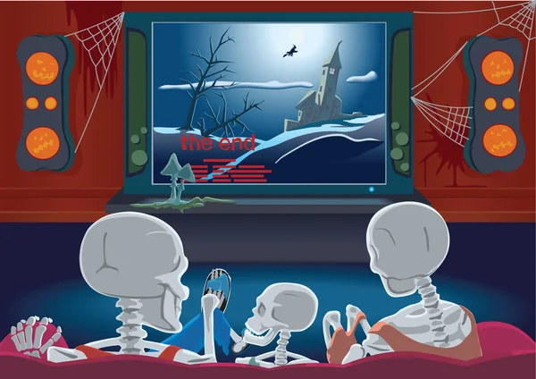 Família de esqueletos estão assistindo TV — Vetor de Stock