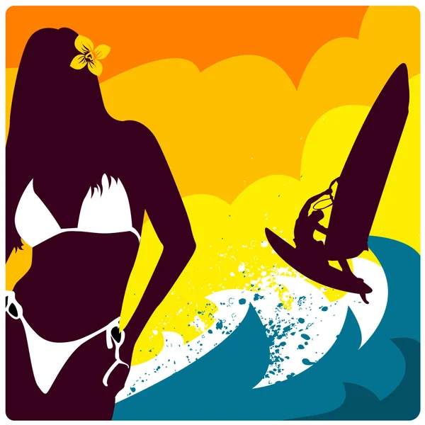 Surf, és a lány — Stock Vector