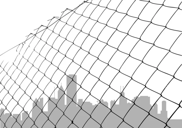 Chain link fence with city — Stock Vector