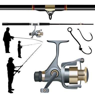 Fishing rod, reel, hook clipart