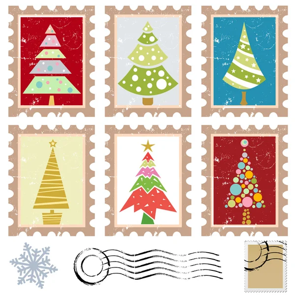 Set di francobolli con disegno albero — Vettoriale Stock