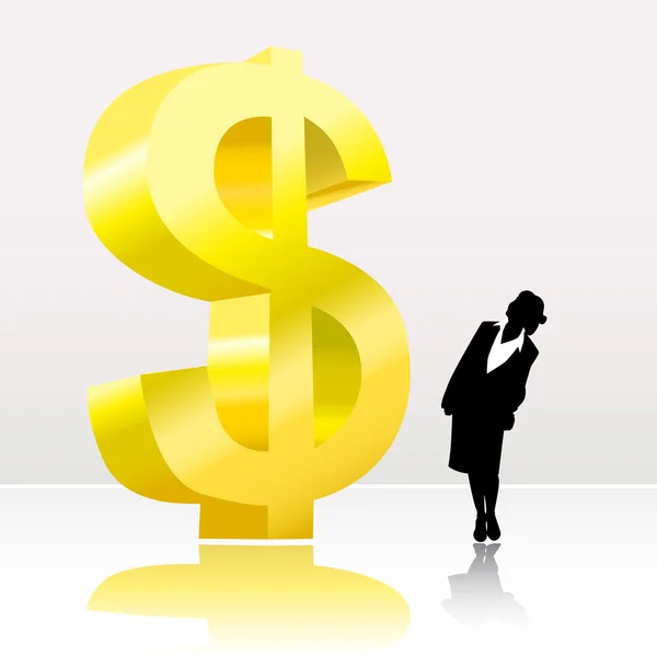 Femme d'affaires regardant grand signe de dollar — Image vectorielle
