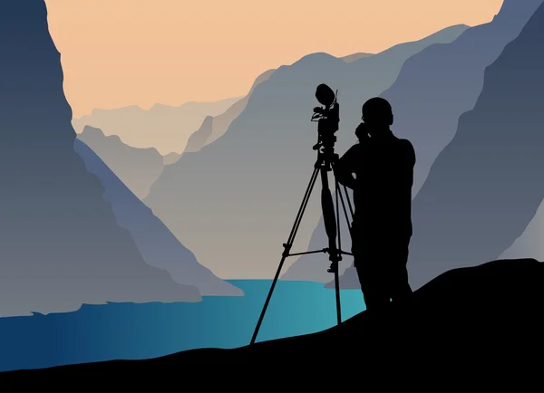 Photographer shooting at sunset — Stock Vector