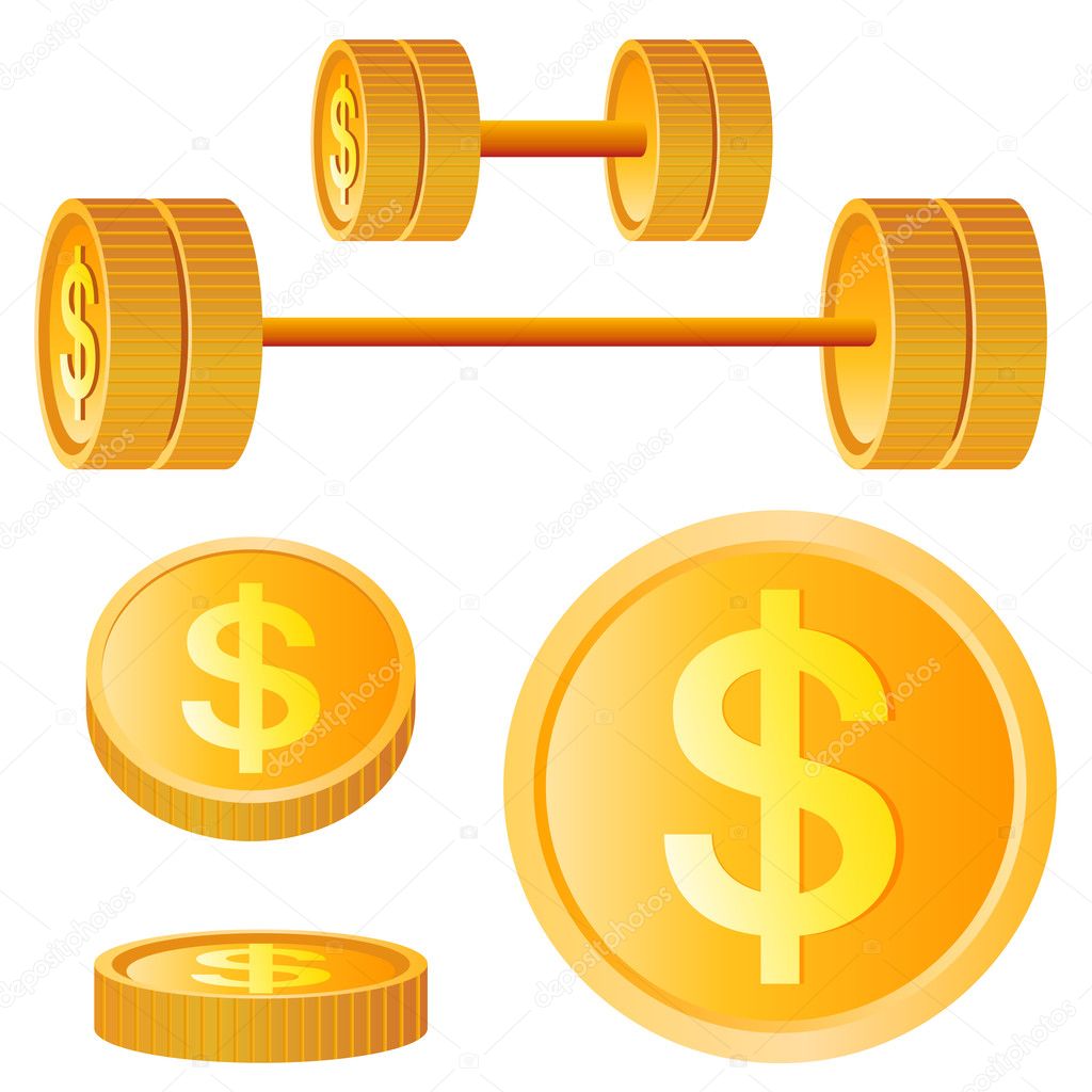 Dumbbell of golden discs with dollar