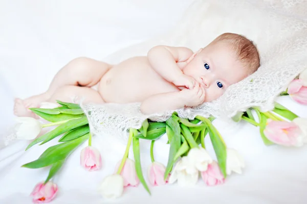 Ładny noworodek leżąc w łóżku z tulipany — Zdjęcie stockowe