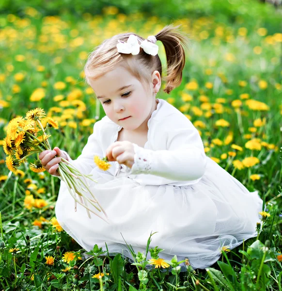 Sweet girl with dandelions — Stock Photo, Image