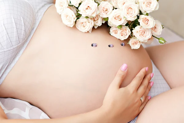 Beau ventre enceinte avec des coccinelles et des roses — Photo