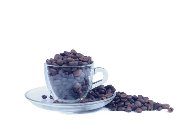 Кофейные зерна и стакан на белом фоне — стоковое фото